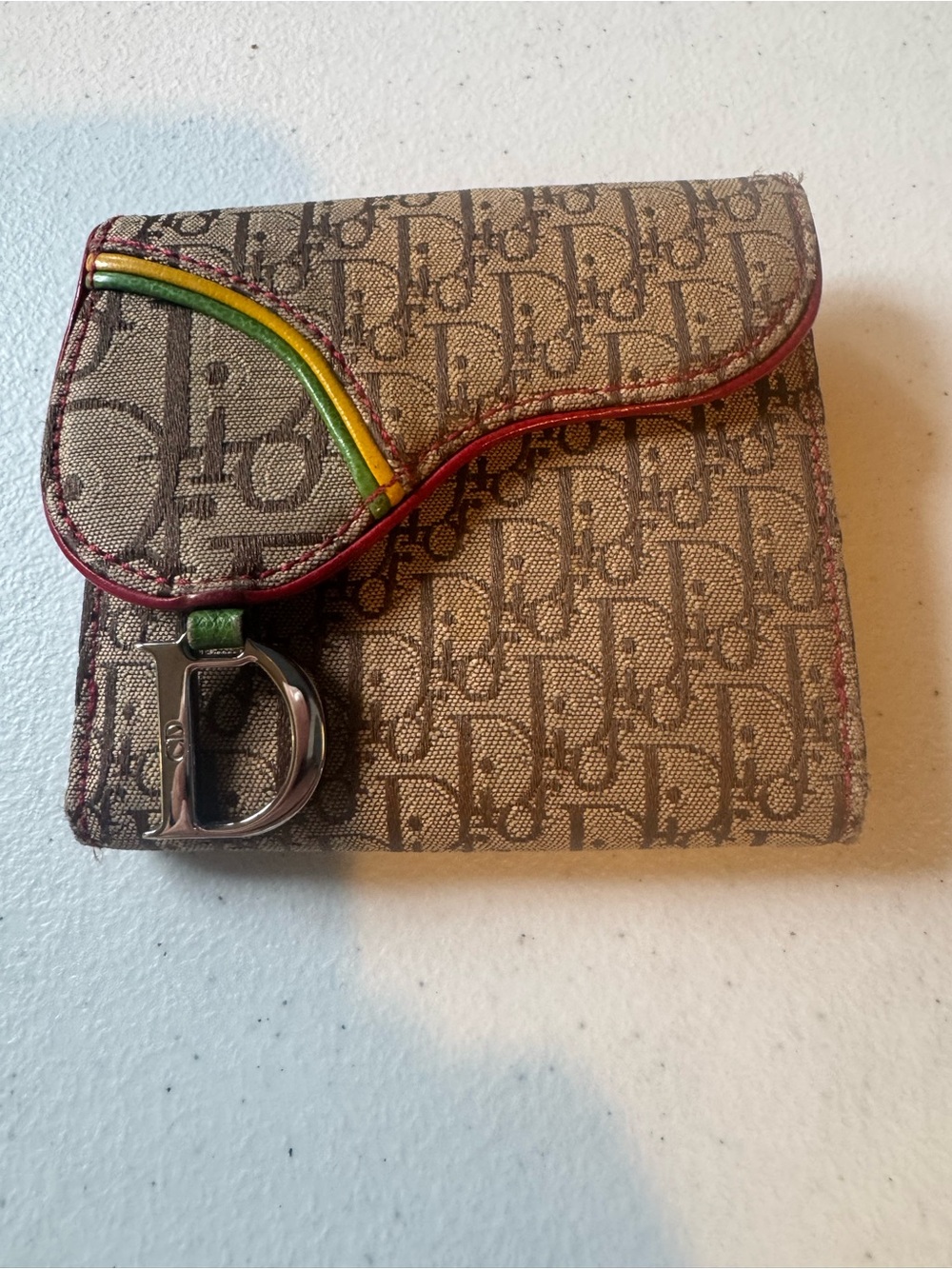 Dior Brown Monogram Canvas Tri fold Wallet with Red Trim and Green-Yellow Accent